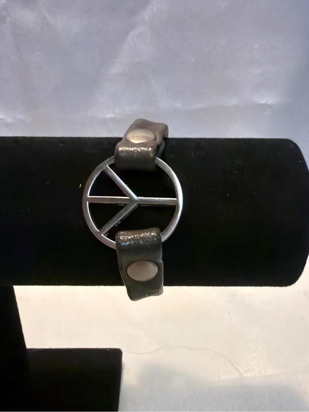 Source Unknown Gray Leather Bracelet with Silver Peace Medallion